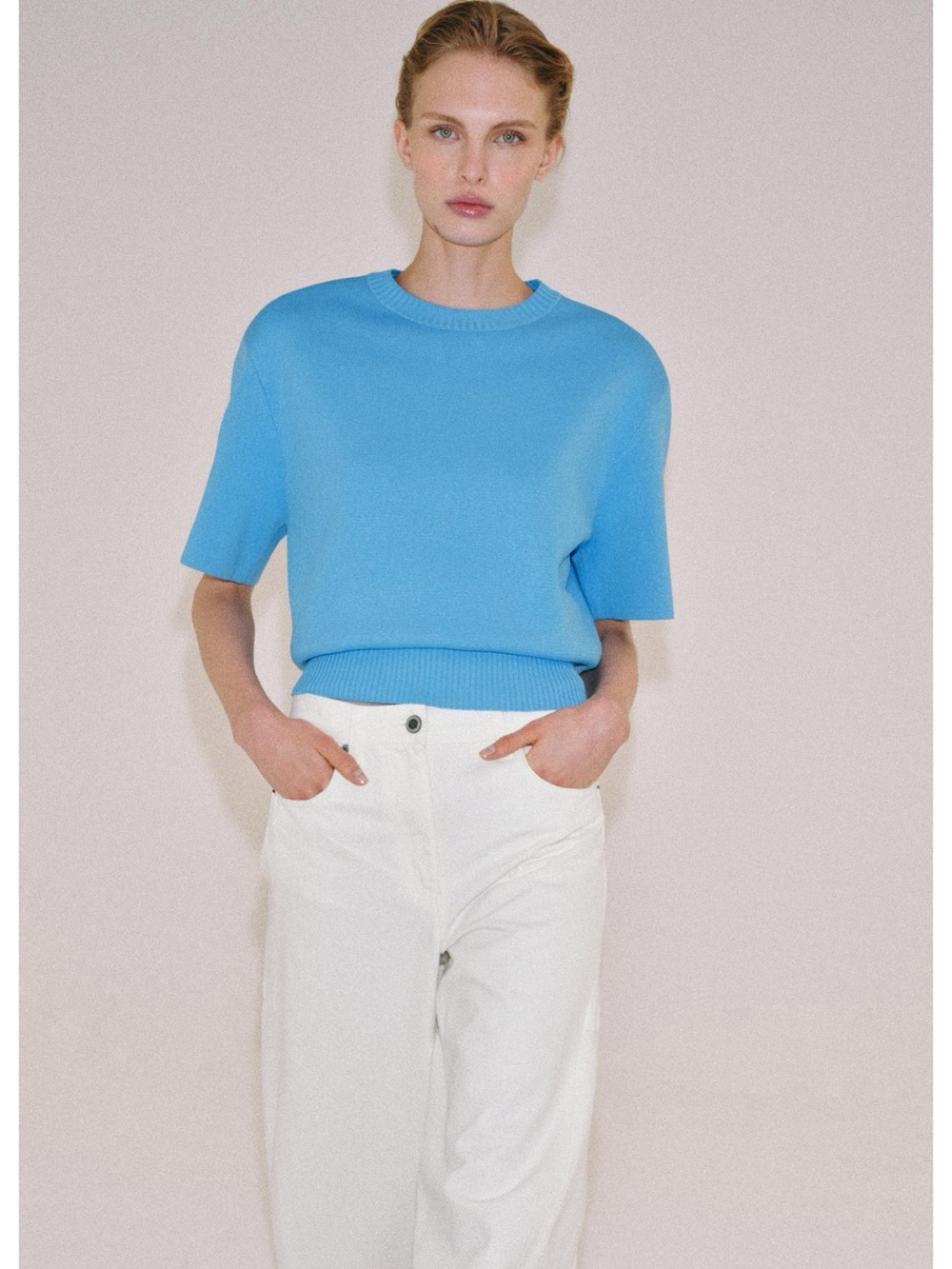 New ZARA Short-Sleeve Knit Sweater With Shoulder Pads